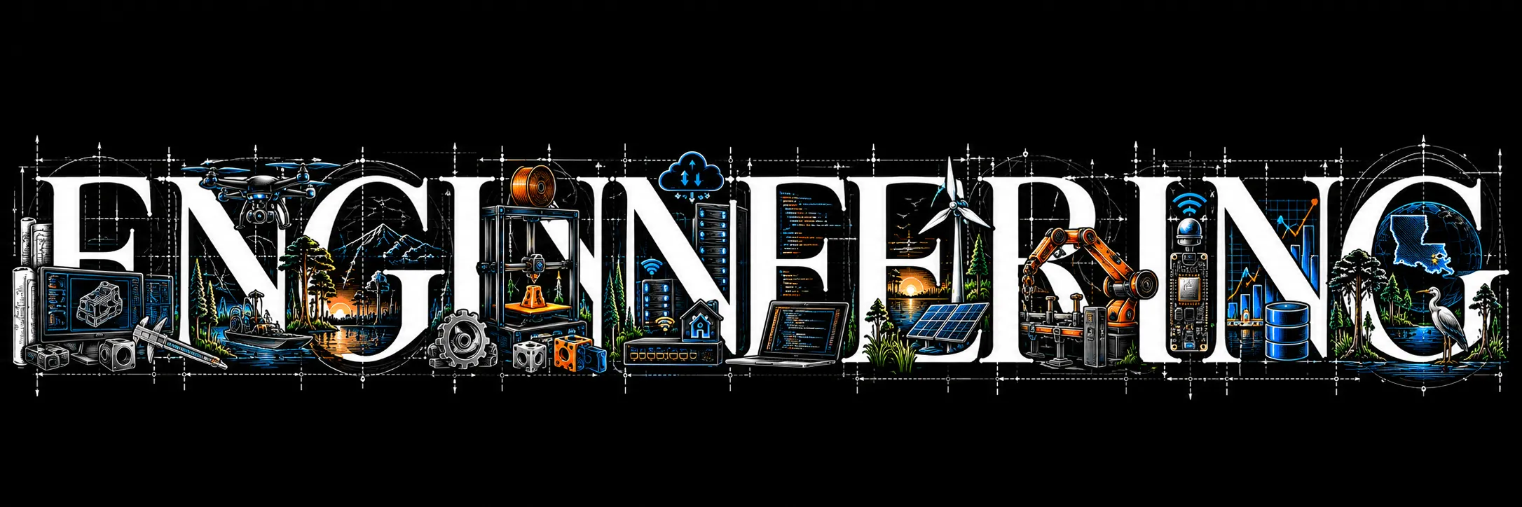 The word ENGINEERING drawn as a blueprint, with CAD, 3D printing, robotics, electronics, and renewable energy illustrations.