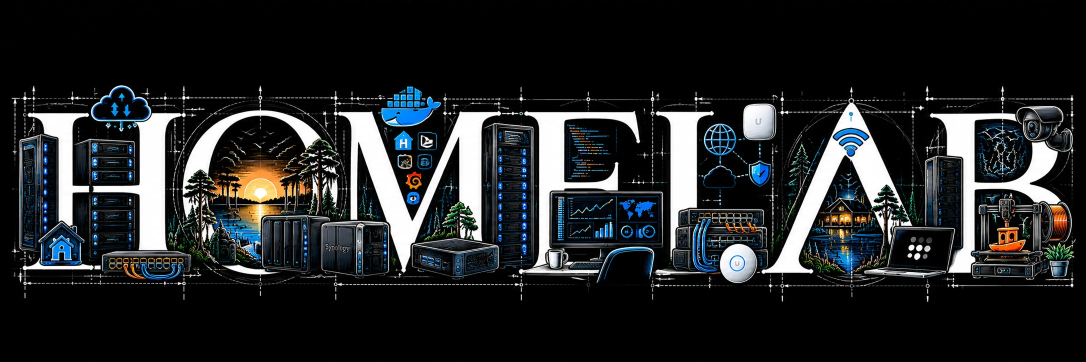 The word HOMELAB drawn as a blueprint, with server racks, NAS units, network switches, and monitoring dashboards.