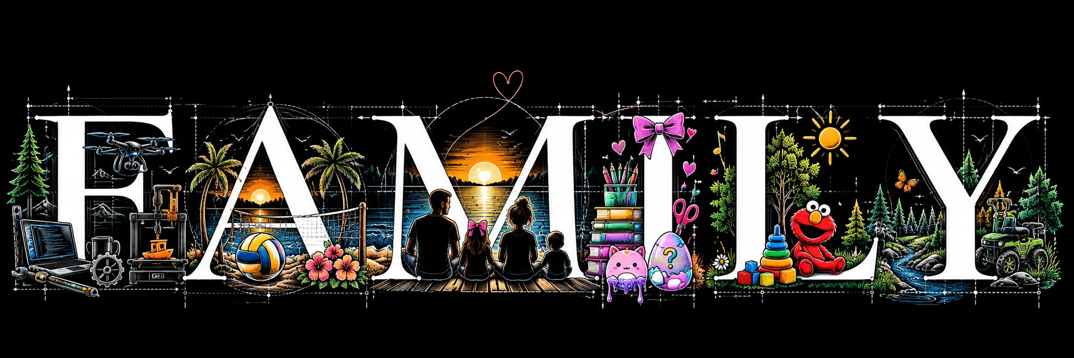 The word FAMILY drawn as a blueprint, its letters filled with illustrated scenes of family life.