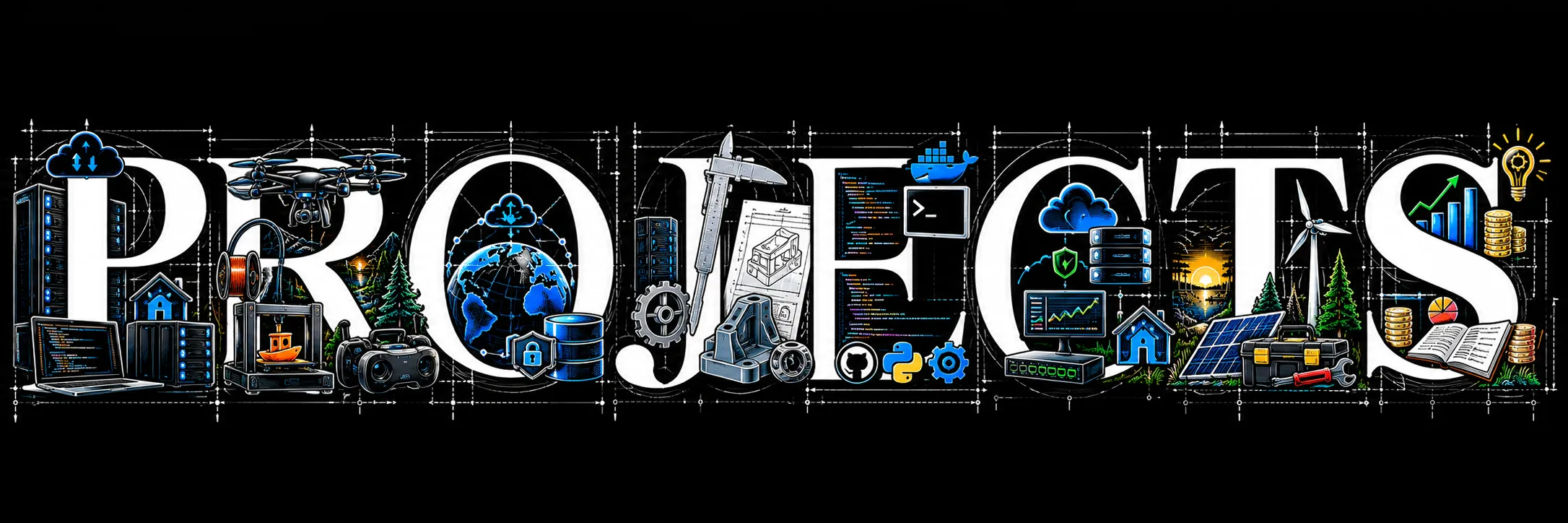 The word PROJECTS drawn as a blueprint, with servers, drones, mechanical parts, code, and data illustrations.