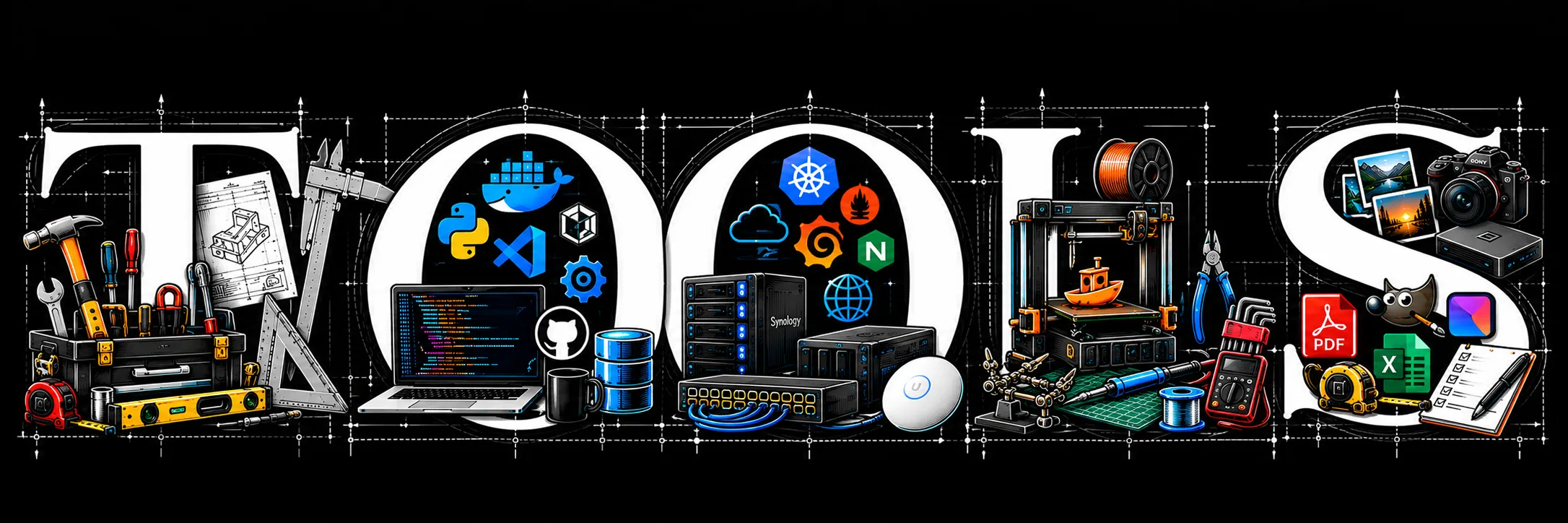 The word TOOLS drawn as a blueprint, with hand tools, a laptop, servers, a 3D printer, and electronics bench equipment.